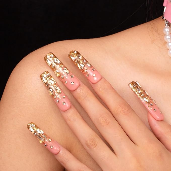 LOVFUL Press on Nails Stardust Gold Rhinestone | Handmade with Full Covered Crystals | Reusable Fake Nails | Square Mid length 1.7in | H84-L