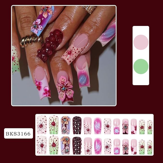 French Tip Press on Nails Long Square Fake Nails Pink False Nails with Flowers Designs Artificial Nails Charm Stick on Nails for Women 24pcs