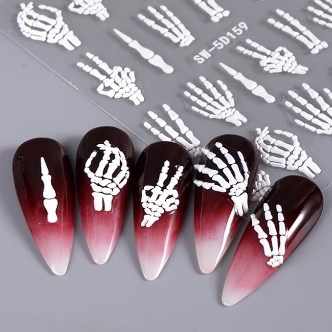 Halloween Nail Art Stickers Decals Ghost Pumpkin Spider Nails Sticker 5D Embossed Skull Hand Nails Decals Self-Adhesive Spider Web Eye Nail Art Decal for Women Halloween Decor