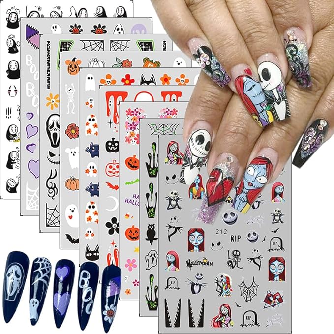 Halloween Nail Art Stickers Decals Halloween Horror Spooky Self-Adhesive Nail Designs Supply Halloween Devil Ghost Spider Web Nail Decals for Women Girls DIY Manicure Tips Horror Party Nail Decoration