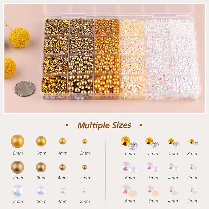 14000PCS Flatback Pearls and Gold Rhinestones for Bedazzling Kit, White Brown Mixed Size 3-10mm Resin Rhinestones Gems and Half Pearls for Crafting, Nail Art Crafts Decoration