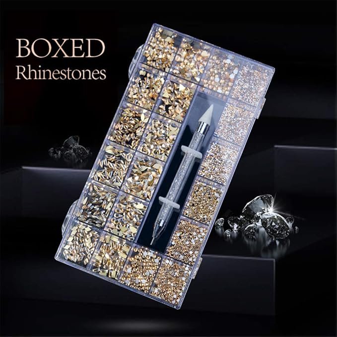 3100 Pcs Nail Crystal Kit Multi Shapes Glass Crystal Champagne Rhinestones for Nail Art Craft Mix Sizes Non Hotfix Flatback Nail Gems+ Wax Pen for Rhinestones in Acrylic Beads Storage Container