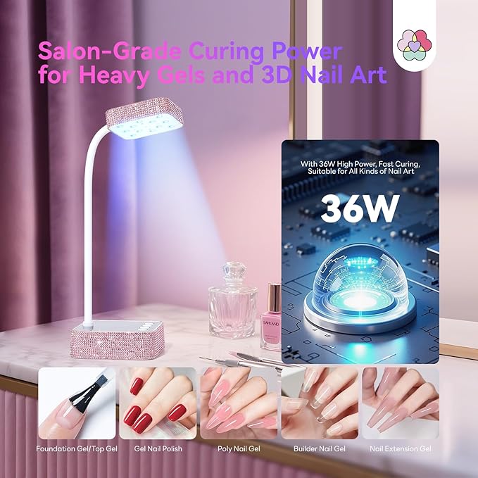 SAVILAND 36W Pink UV Nail Lamp: 5S Fast Curing UV Light for Gel Nails Smart Sensor & 3 Timing Modes Flash Cure Lamp 7 Hours 360° Flexible Gooseneck Nail Flash Cure Light for Nails