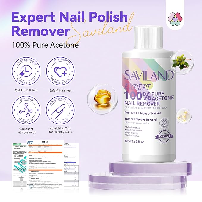 SAVILAND Nail Polish Remover Kit: 50 ML Acetone Nail Polish Remover Non-Drying Expert Gel Remover with Cuticle Oil & Tools Quick Removal for Nails Polish Acrylic Dip Powder DIY Salon