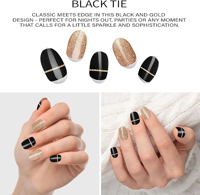 Semi-Cured Gel Nail Strips - 20 Salon-Quality Gel Sticker with UV Light Required, Long Lasting, Easy Application & Removal, Includes Prep Pad, Nail File, Wooden Stick (Black Tie)