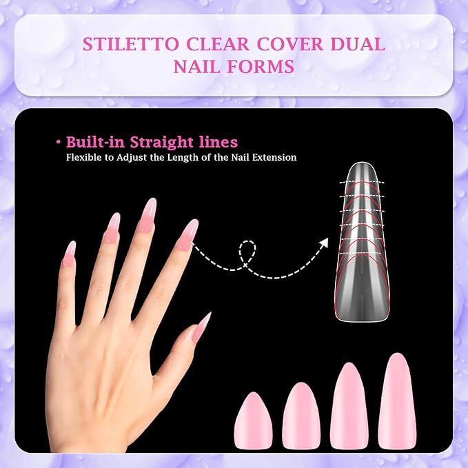 outopen 150pcs Long Straight Stiletto Dual Nail Forms Clear Full Cover Nail Extension Art Mold with Scale Reusable Nail Forms for Polygel Acrylic Extension Beginners DIY Manicure, 15 Sizes