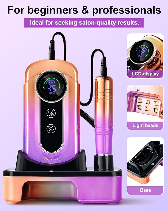 Professional Electric Nail Drill Kits 45000RPM Gradient Purple Portable Cordless 3-in-1 Nail File Machine with Rechargeable Stand and Nail Lamp for Acrylic Gel Polish Removing Home & Salon Use