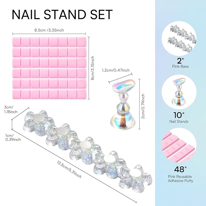 Makartt Nail Stand: Clear Nail Holder for Painting Nails DIY, Magnetic Press on Stand for Art Display Practice, Clear Glitter Flower Fake Holder for Home Salon with Reusable Adhesive Putty
