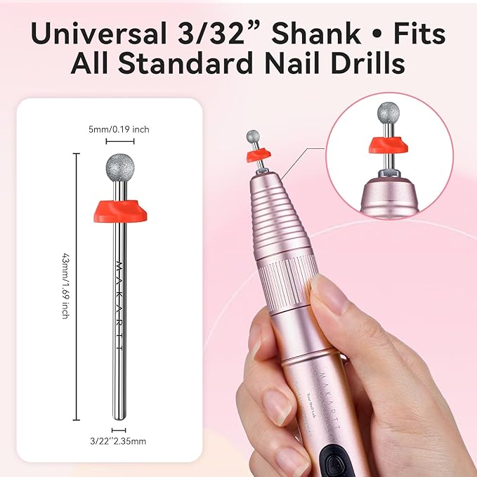Makartt Nail Drill Bit - Ball Shape Cuticle Clean 3/32'', Safety Carbide Diamond Professional Nail Bit Nail Cleaner for Dead Skin Nail Prepare Two Way Rotate Manicure Nail Salon Supplies (Fine - F)