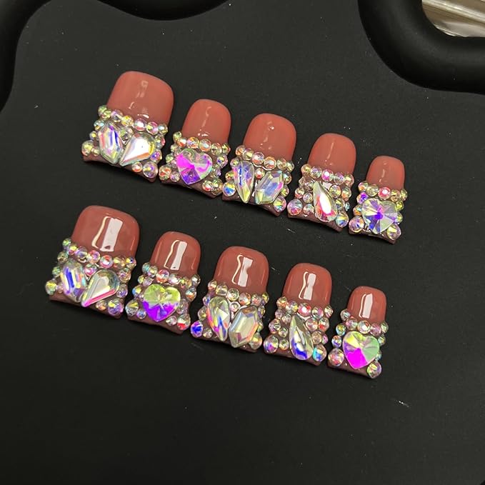 10pcs Handmade Press on Nails for Women - Medium Duck Curve 3D Thick Acrylic Fake Nails Reusable,Designer Floral Butterfly Rhinestones Bling Boho Funky Y2k Nail-art Set,M,iridescence