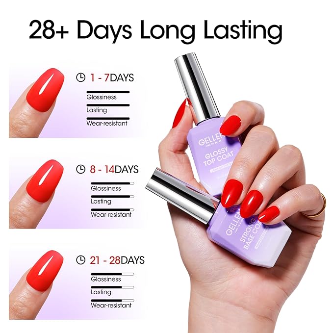 GELLEN Gel Top Coat and Base Coat 2 Pcs 18ml Superior Base Coat Top Coat Set No Wipe Soak Off Ultra Glossy Top Coat Gel Nail Polish UV LED Clear Nail Polish Long Lasting for 28+ Days