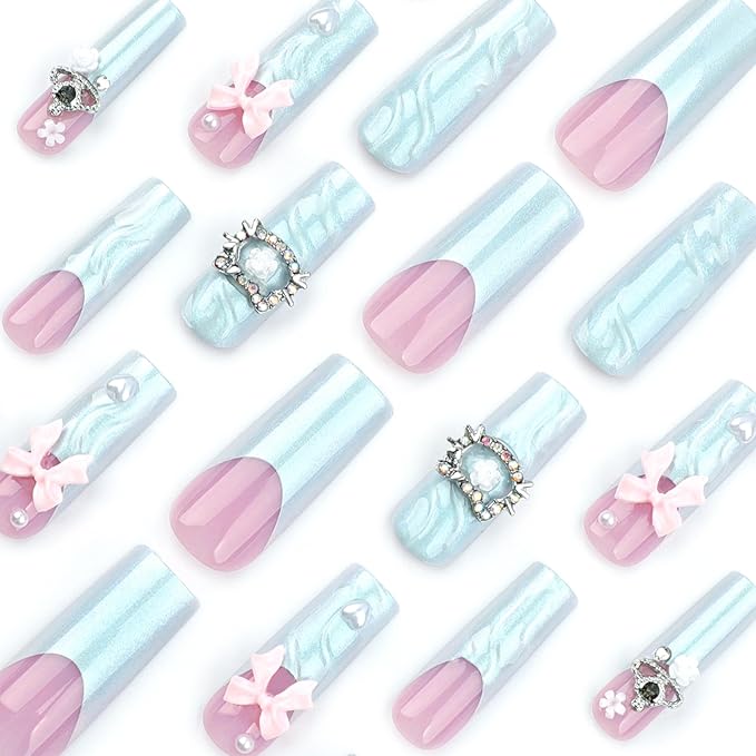 RTKHFZE Long Press on Nails Square Shape Fake Nails with 3D Swirl and Bow Design False Nails,French Tip Glue on Nails Gift for Holiday/Christmas Day/Daughter/Party/Valentine'S Day