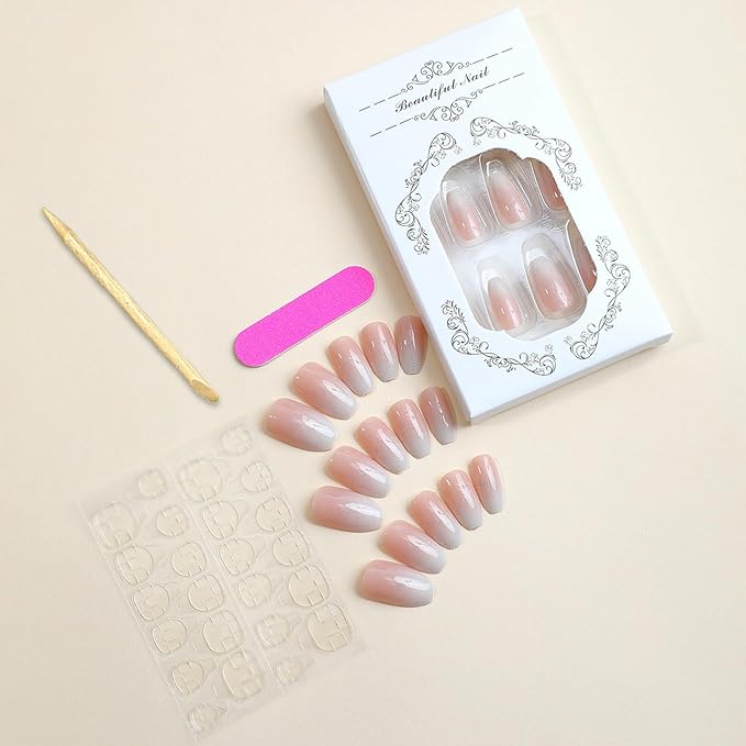 Ombre Press on Nails Medium Coffin Fake Nails Pink Gradient False Nails with Glitter Designs Glossy Glue on Nail Bling Shiny Full Cover Acrylic Stick on Nail for Women Manicure 24Pcs