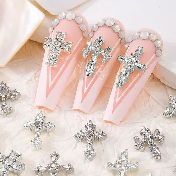 3D Cross Nail Charms for Nail Art, 60 Pcs Metal Crystal Cross Nail Decorations, Alloy Nail Studs and Rhinestones for Women Girl DIY Jewelry Crafts Supplies (Silver)
