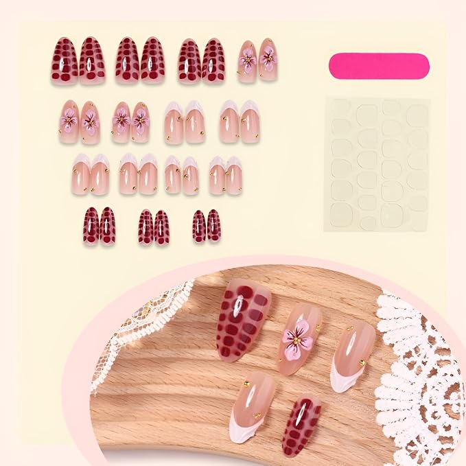 White French Tip Press on Nails Medium Almond Fake Nails Flower Nails Press Ons with Rhinestones Design Glossy False Nails French Tip Glue on Nail Acrylic Stick on Nail for Women Set 30Pcs
