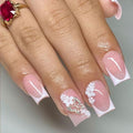 Square Press on Nails Medium Fake Nails with Designs 3D Flower Stick on Nail Butterfly Rhinestone Acrylic False Nail French Glossy Artificial Nail Full Cover Glue on Nails for Women