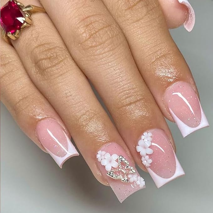 Square Press on Nails Medium Fake Nails with Designs 3D Flower Stick on Nail Butterfly Rhinestone Acrylic False Nail French Glossy Artificial Nail Full Cover Glue on Nails for Women