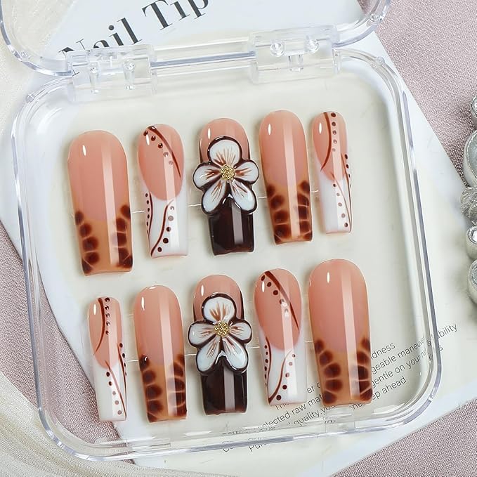 Handmade Acrylic Square Press-On Nails 10pcs, Brown & White Glossy Tips with 3D Floral Art, Tortoise Shell Gradient French Design, Reusable Full Cover Nail Set – Appife
