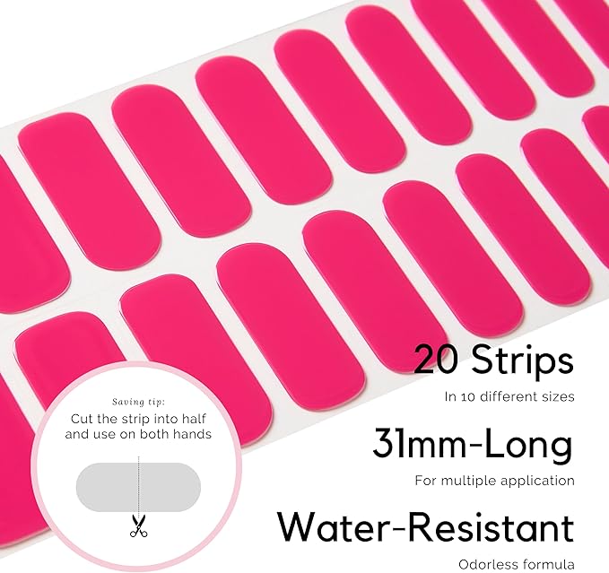 Semi Cured Gel Nail Strips - NAILOG 20 Pcs Rose Pink Nail Stickers Extra Long Wraps with Glossy Gel Finishing for Spring Summer, Cerise