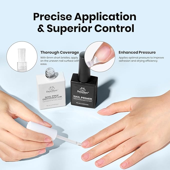 Beetles 4Pcs Top Coat and Base Coat Gel with Nail Dehydrator and Primer Set Acid-Free Hema-Free Nail Bond for Gel Polish Acrylic Nails, Long-Lasting for Professional Manicure Prep Kit