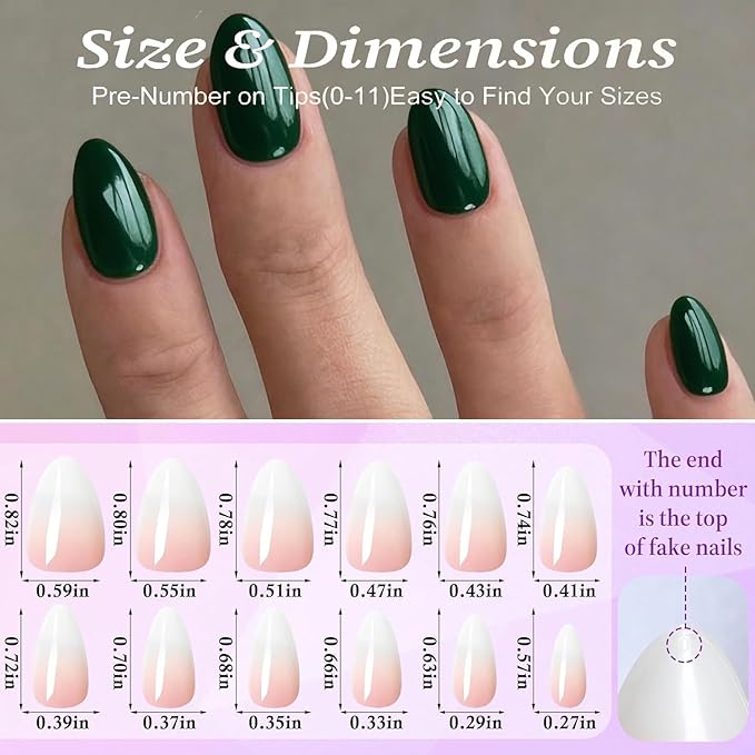 Green Press On Nails Almond -Short Press On Nails with Nail Glue, Fit Perfectly & Natural Reusable Stick On Nails in 12 Sizes - 24PCS Soft Gel Glue On Nails Kit