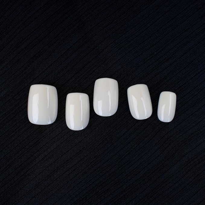 Short Press On Nails Square – 30PCS Glossy Creamy White Shade Fake Nails, Minimalist Acrylic Stick On Nails Kit with Glue & Tools, Natural False Nails for Everyday Wear