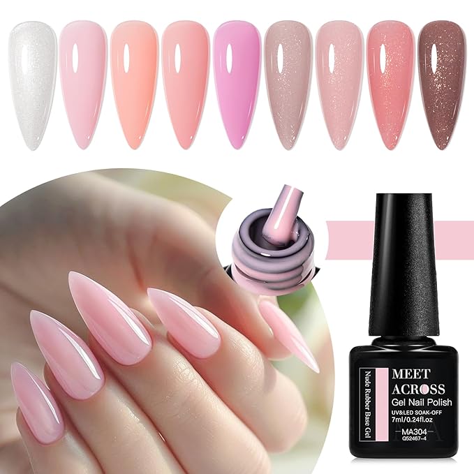 MEET ACROSS Color Base Gel For Nails 12 Pcs, Builder Base Nail Gel Aesthetic Nude Pink Rubber Base Gel Polish with Super Top Coat, Prep Dehydrator and Nail Primer Base Gel Strengthener Gel All-in-1