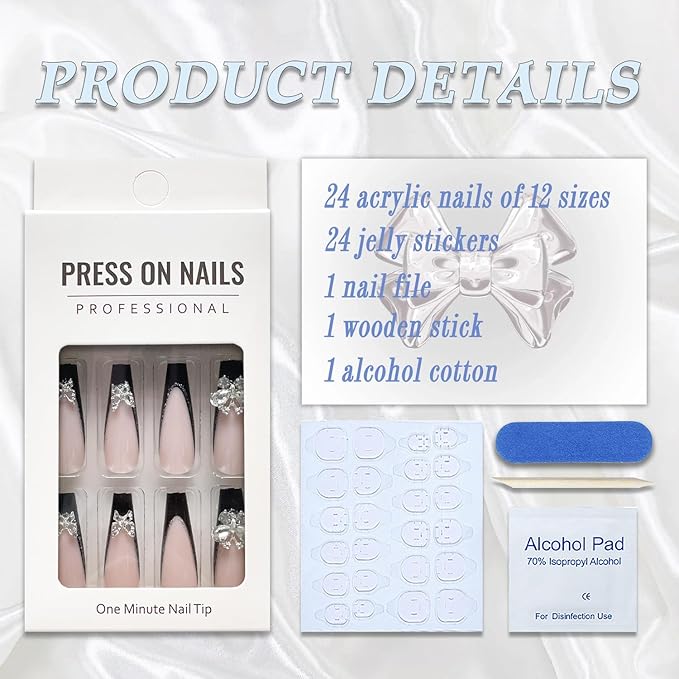Press on Nails Long Coffin MABKJLF Black French Tip Fake Nails Full Cover False Nails with Butterfly Rhinestones Designs Glitter Glossy Stick on Nails Artificial Nails for Women Girls 24 Pcs