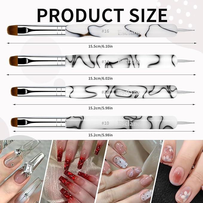 French Manicure Brush, Esclane 2 Way French Nail Brush with Dotting Tool for Manicure Cuticle Clean Up Nail Art Design, French Tip Brush (White, #16)