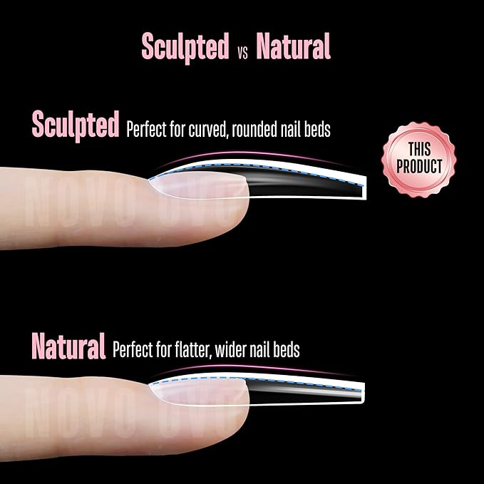 NOVO OVO Long Coffin Nail Tips SCULPTED (Not NATURAL) for Curved Nail Beds, Extra Thick L Length False Nails Press on, Full Cover Soft Gel Fake Nail Extension, Salon DIY x 15 Sizes 450 pcs