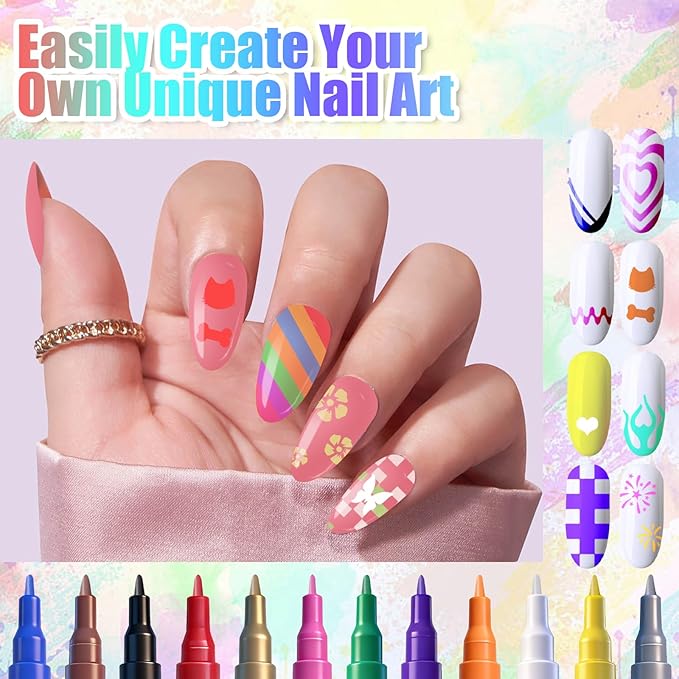 Nail Art Stencils Pens, 12 Nail Art Pens Markers + 14 Sheets Nail Stencils Cute Heart Butterfly Flowers Star Nail Stickers for Women Girl, Flexible Brush Tip, Bright Colors, DIY Nails Art Design Tools