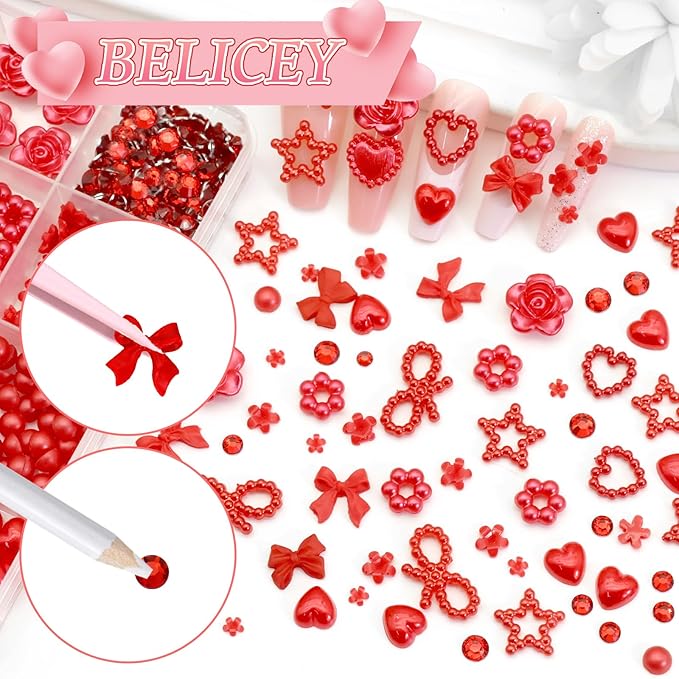 BELICEY Valentines Red Heart Nail Charms Cute Resin Bows Flowers Star Nail Art Charms Flatback Nails Rhinestone and Gem Nail Pearls for DIY Manicure Jewelry for Women Accessories Supplies