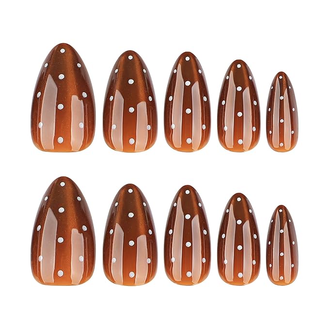 Brown Cat Eye Polka Press On Nails Medium Almond, Salon-Quality Acrylic Fake Nails, Stylish Design, Reusable Stick-Ons, Spring Summer DIY Nail Art Kit for Women | Daily/Party Gift 12/24 Pcs