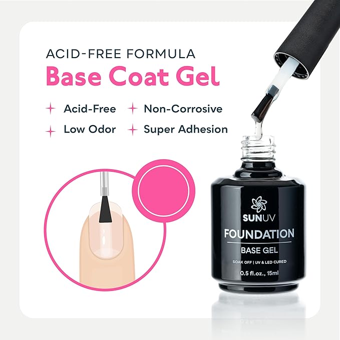 SUNUV 15ml Gel Top Coat and Base Coat Set, Hema Free Gel Nail Polish Kit 4 Pack, Art Manicure UV Nail Lamp No Wipe High Gloss Gifts for Women