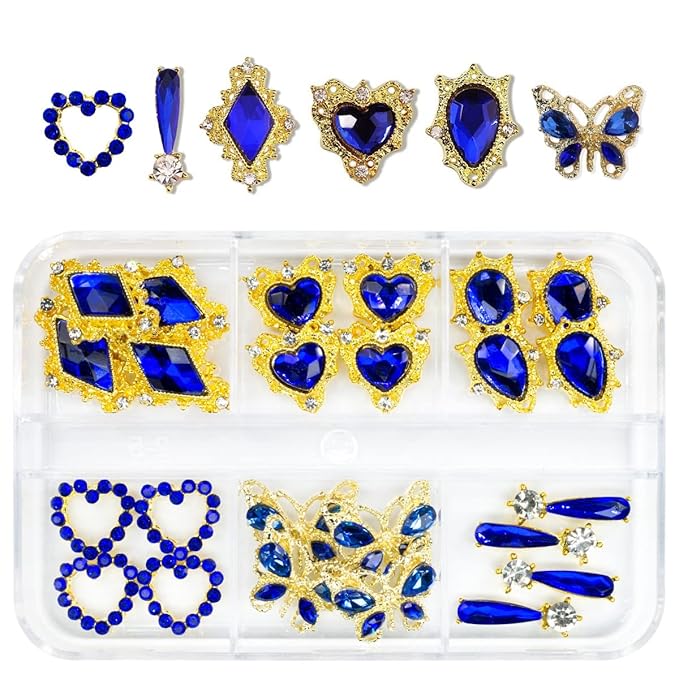 24pcs Blue Nail Rhinestones Luxury Nail Charms Sapphire Heart Charms for Nails 3D Big Royal Blue Nail Gems Crystals Diamonds Jewelry Stones Alloy Nail Art Studs Nail Art Decor for Arylic Nails Crafts