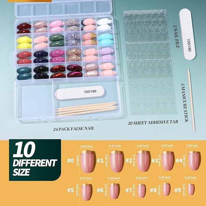 FANDAMEI Press on Nails, 24 Colors 576PCS Cat Eye Press on Nails Short Oval, Glitter Fake Nails, Press on Nails French Tip Natural Glossy Nails for Nail Art