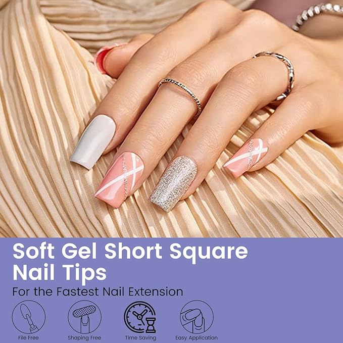 Short Square Nail Tips: 240PCS Acrylic Pre-shaped Soft Gel Square Nail Tips, 12 Sizes Full Cover Fake Press on Nails for Beginner Professional DIY Nail Salon