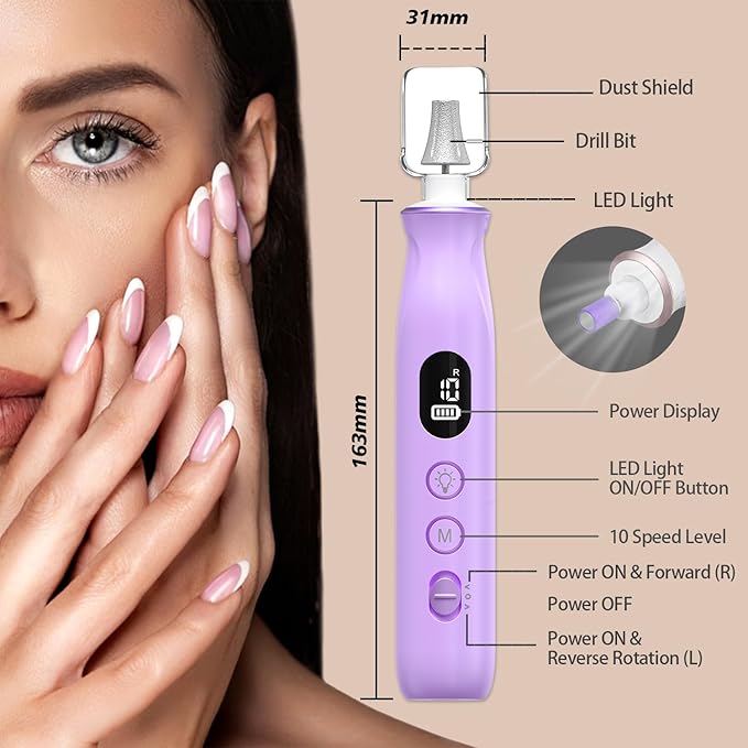 Electric Nail File, 10 Speeds Cordless Nail Drill with LED Light, Portable Manicure Pedicure Kit for Acrylic Gel Nails Thick Toenails Nail Grind, Hand Natural Nails Care - 10 Bits & 120 Sanding Bands