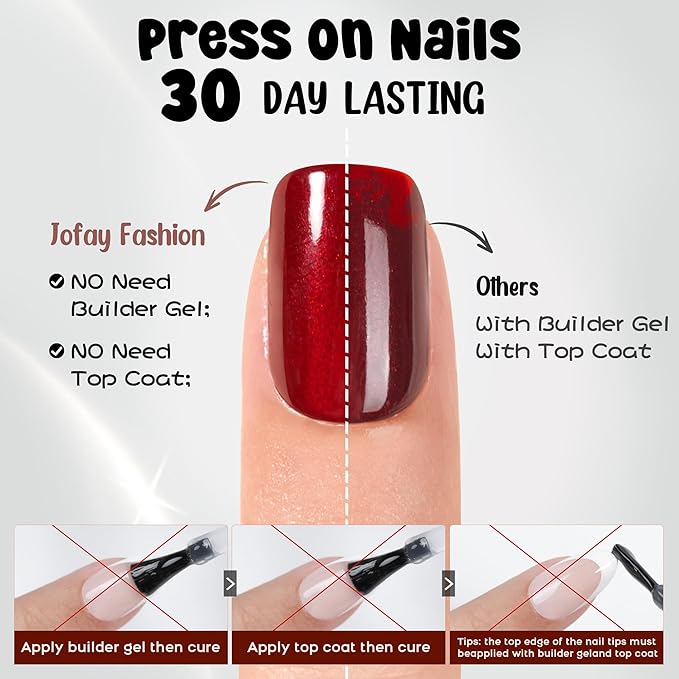 Press on Nails Pink Chrome- Jofay Fashion Press on Nails Short Square, Stick On Nails in 16 Sizes -160PCS Soft Gel Fake Nails Kit for Valentines Day Gift