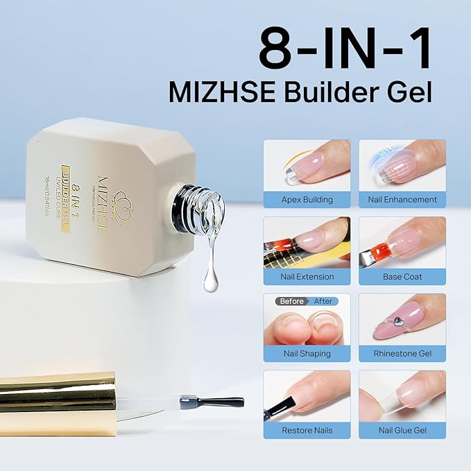 MIZHSE Builder Gel for Nails, 8-in-1 Clear Hard Builder Nail Gel Strengthener Gel Thickening Extension Rhinestone Glue in a Bottle for Nail Salon LED & U V Lamp Needed 16mL