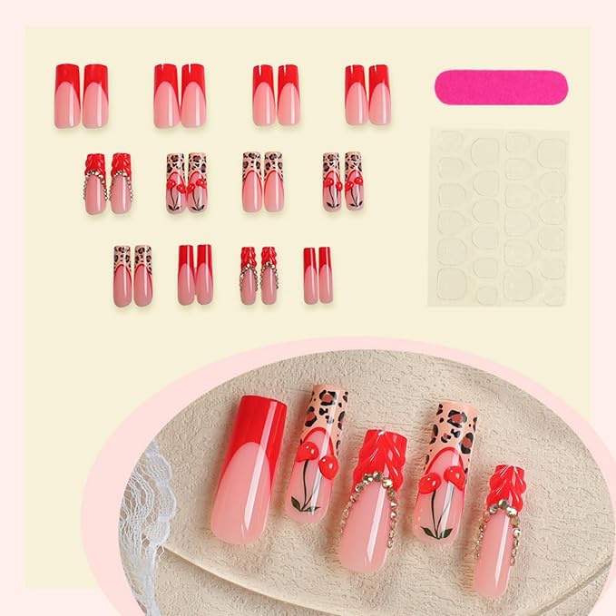 Long Press on Nails Square Red Cherry Stick on Nail for Women 24pcs