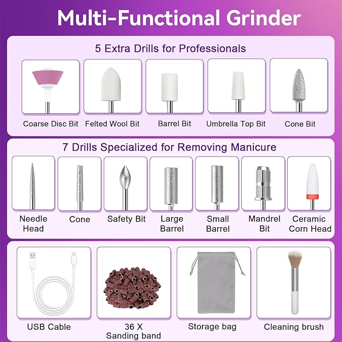 Portable Electric Nail Drill File 5 Speeds 12 in 1 with LED Display Rechargeable Professional Efile for Natural Acrylic Gel Powder Manicure Pedicure Nails, Pink