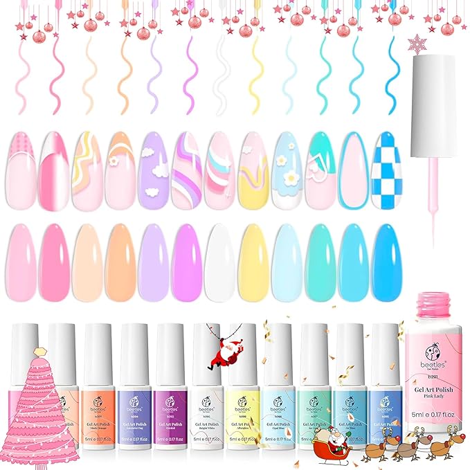 Beetles Pastel Gel Liner Nail Polish Set, 12 Colors Spring Sheer Pink Nude Blue Purple White Yellow Orange French Line Swirl Nail Art Gel Polish Soak Off Uv Lamp Manicure Gifts for Women