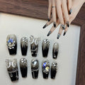 Coffin Press On Nails Medium Fake Nails Handmade False Nails Black White Diamond ButterFly Nail Charms, Acrylic Nail Kit Gel Nails,Reusable Stick on Nails for Women 10pcs S