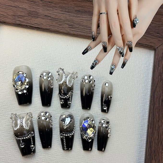 Coffin Press On Nails Medium Fake Nails Handmade False Nails Black White Diamond ButterFly Nail Charms, Acrylic Nail Kit Gel Nails,Reusable Stick on Nails for Women 10pcs S