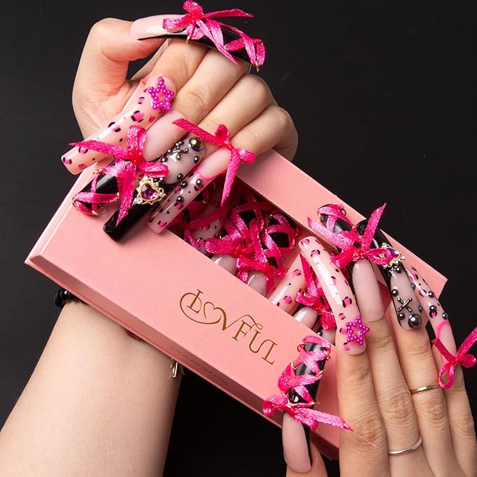 LOVFUL Press on Nails the Sweet Guardian | Handmade with Full Covered Crystals | Reusable Fake Nails | Curve Long 2.2 in | H173-L