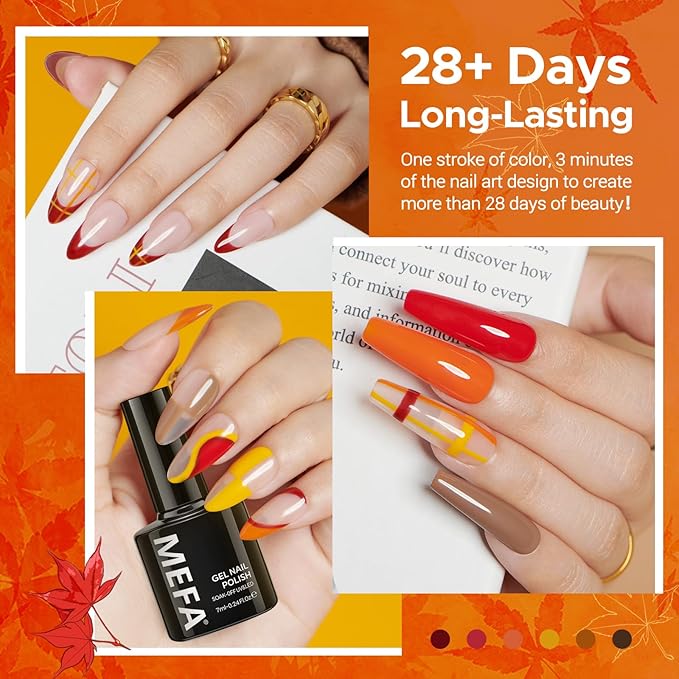 MEFA 6 Colors Gel Nail Polish Set, Shades Orange Red Brown Glitter Yellow Soak Off Gel Polish Spring Summer Tones Nail Art Design Salon Home Manicure Kit Gifts