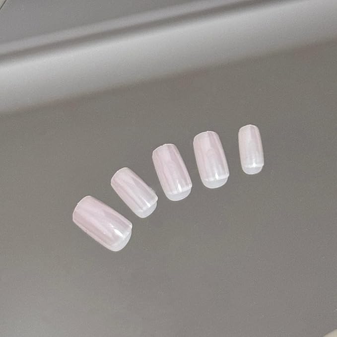24PCS Sheer Pink Press On Nails - Pearlized Square Medium Length with Rose Quartz Chrome Finish, Glazed Fake Nails for Bridal & Vacation Wear (Blush Frost & Moonlight Sheer)