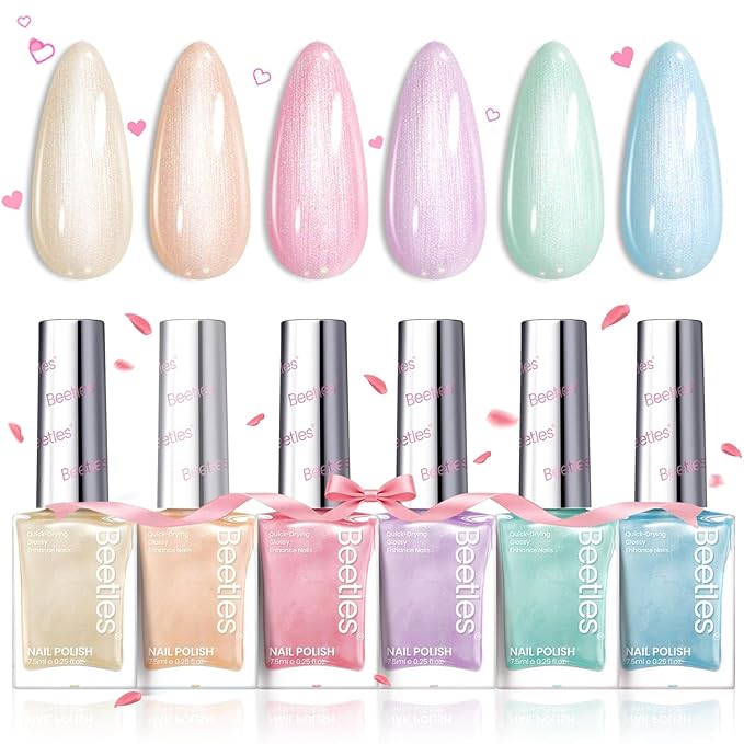 Beetles Nail Polish Set, 6 Colors Pearl Nail Polish Kit Pastel Pearl Shimmer Pink Orange Blue Green Dreamy Swirl Quick Dry Fingernail Polish Gifts for Women Salon DIY Manicure Kit