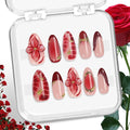 Almond Wine Red Acrylic Handmade Press-On Nails 10pcs Set, 3D Floral Tips with Gold Accents, French & Leopard Design for Winter Holidays and Valentine’s Day – Appife